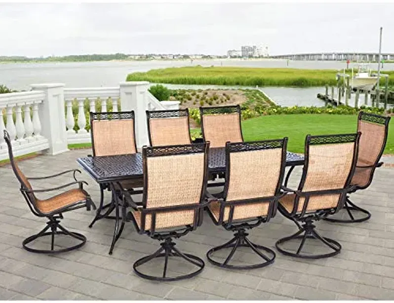 Hanover Manor 9-Piece Outdoor Dining Set with PVC Sling Swivel Rockers and Rectangular Dining Table, Weather and Rust Resistant Aluminum Patio Dining Set for 8, Perfect for Backyard, Deck, and Patio