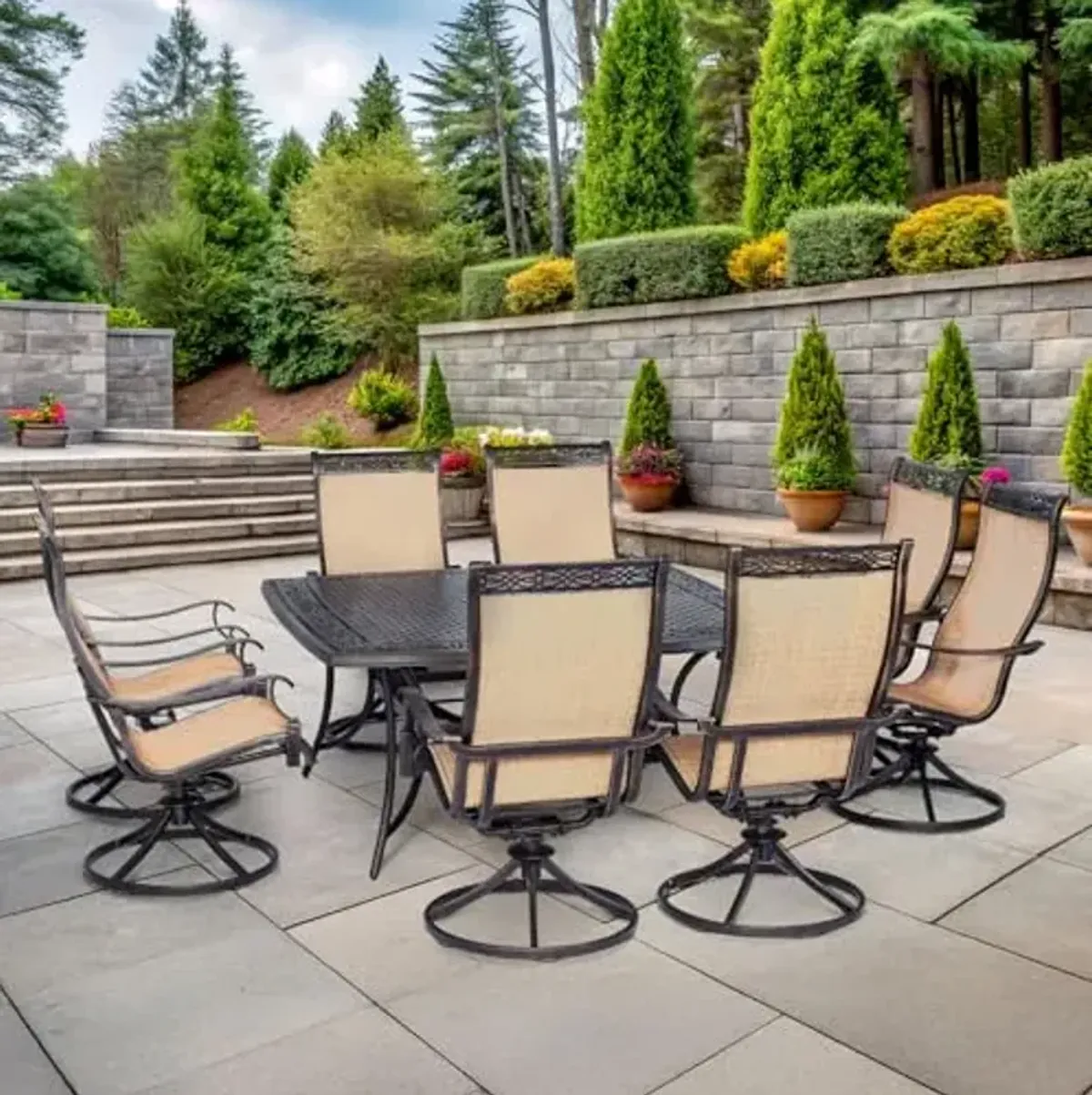 Hanover Manor 9-Piece Outdoor Dining Set with 8 PVC Sling Swivel Rockers and Rust-Resistant Aluminum 60" Square Outdoor Dining Table, Durable and Comfortable Patio Dining Set for 8