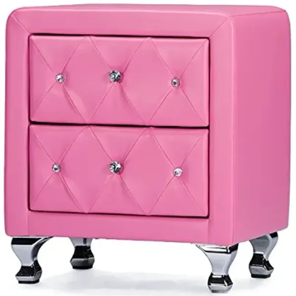 Baxton Studio Caressa Crystal Tufted Pink Leather Nightstand, Medium