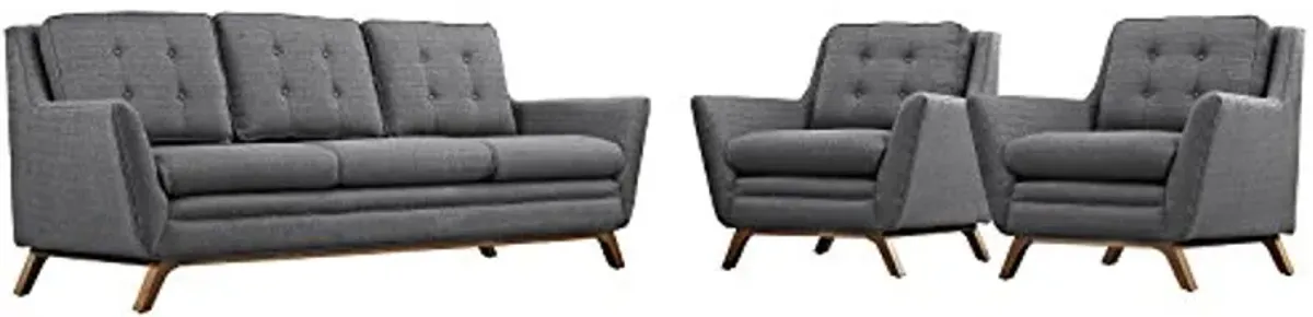 Modway Beguile Mid-Century Modern Sofa Upholstered Fabric with Sofa and Two Armchairs in Gray