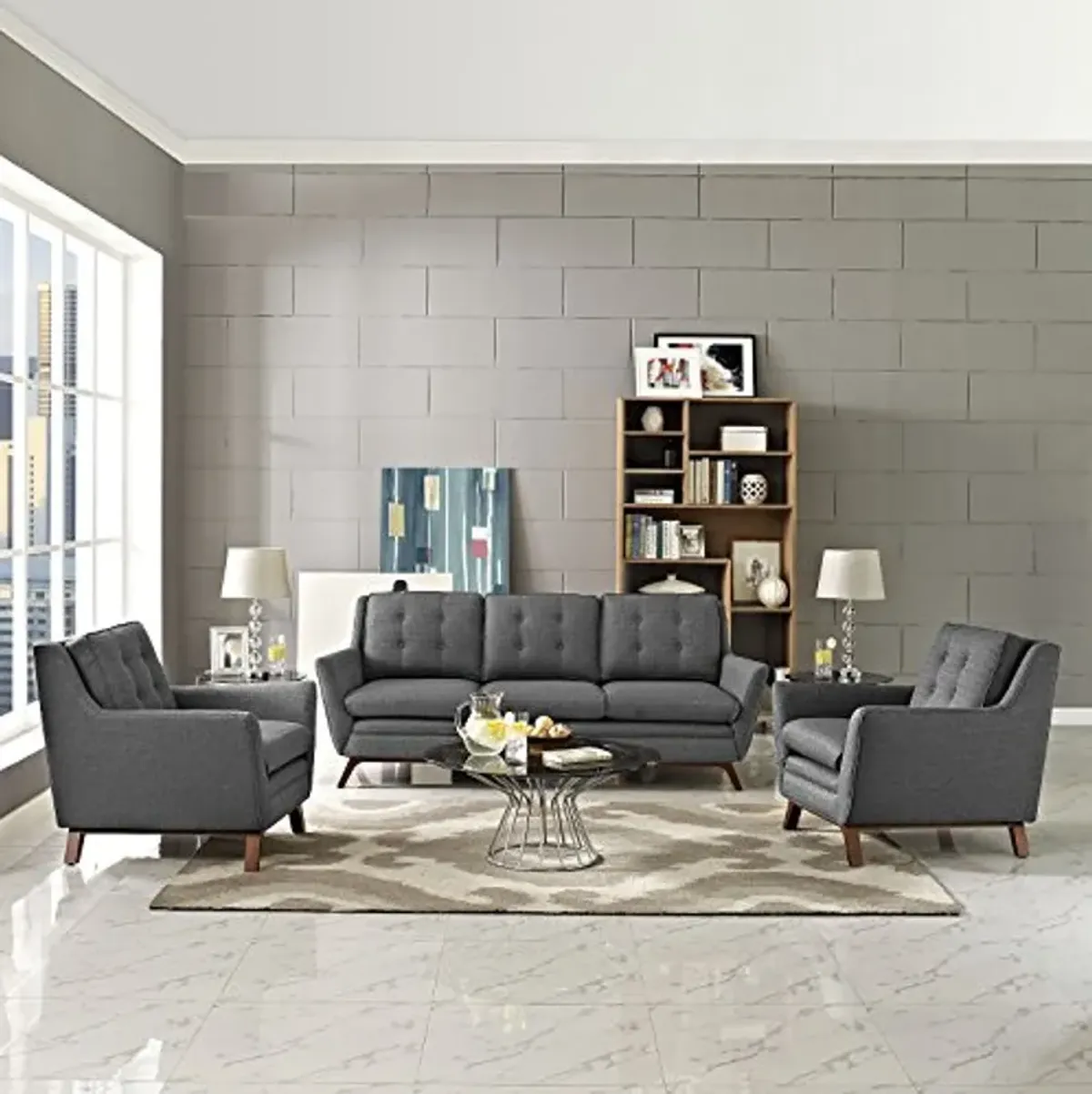 Modway Beguile Mid-Century Modern Sofa Upholstered Fabric with Sofa and Two Armchairs in Gray