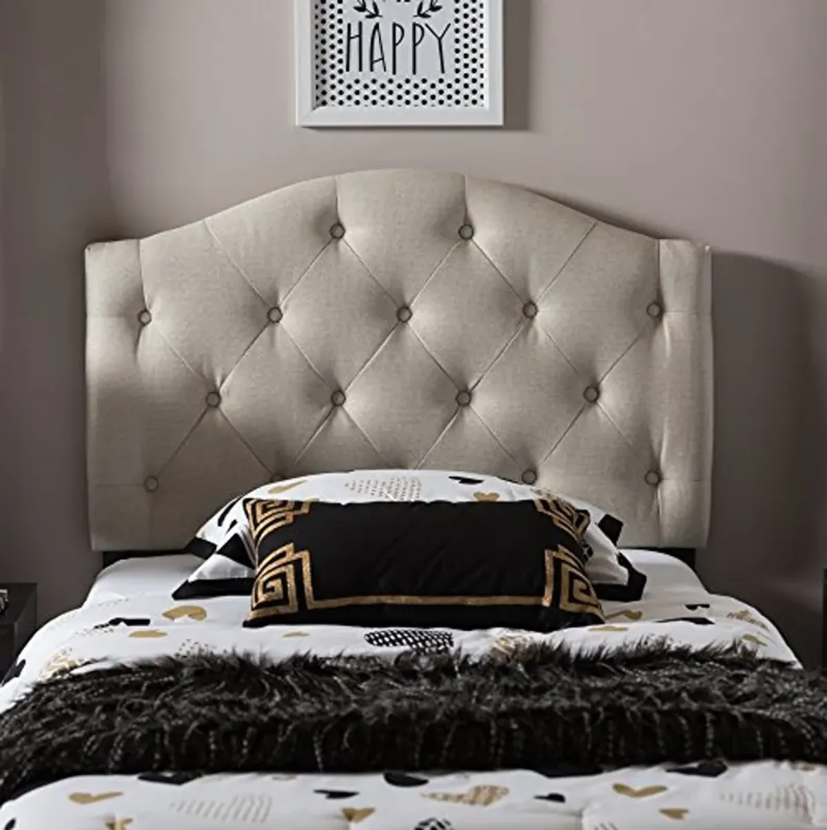 Baxton Studio Myra Modern and Contemporary Light Beige Fabric Upholstered Button-Tufted Scalloped Twin Size Headboard