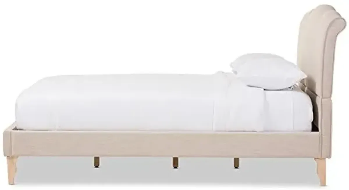 Baxton Studio Fayana French Classic Modern Style Beige Linen Fabric Platform Bed, Queen, Off-White
