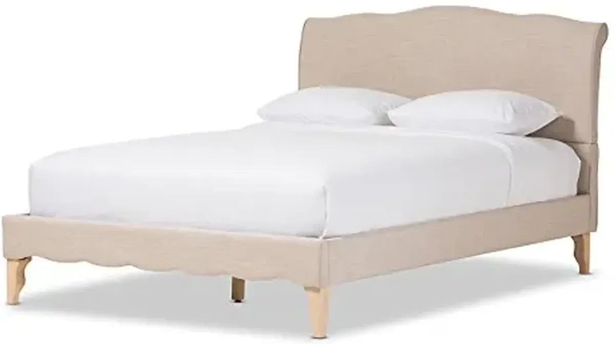 Baxton Studio Fayana French Classic Modern Style Beige Linen Fabric Platform Bed, Queen, Off-White