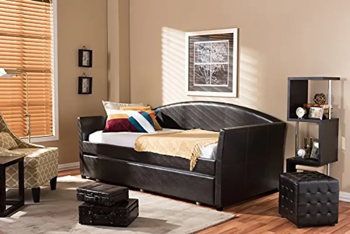 Baxton Studio Lucille Modern and Contemporary Brown Faux Leather Arched Back Sofa Daybed with Roll Out Trundle Guest Bed, Twin,