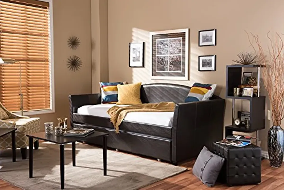 Baxton Studio Lucille Modern and Contemporary Brown Faux Leather Arched Back Sofa Daybed with Roll Out Trundle Guest Bed, Twin,