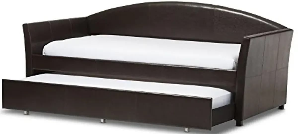 Baxton Studio Lucille Modern and Contemporary Brown Faux Leather Arched Back Sofa Daybed with Roll Out Trundle Guest Bed, Twin,