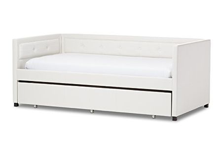 Baxton Studio Frank Modern and Contemporary White Faux Leather Button-Tufting Sofa Twin Daybed with Roll-Out Trundle Guest Bed