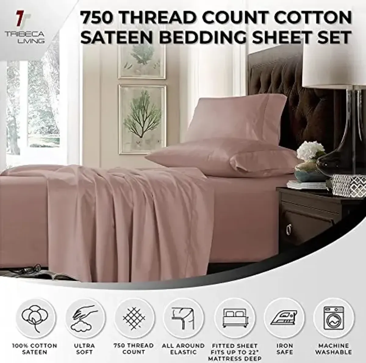 Tribeca Living King Bed Sheet Set, Soft Cotton Sateen Solid Sheets and Pillowcase Set, Extra Deep Pocket, 750 Thread Count, 4-Piece Luxury Bedding, Salmon