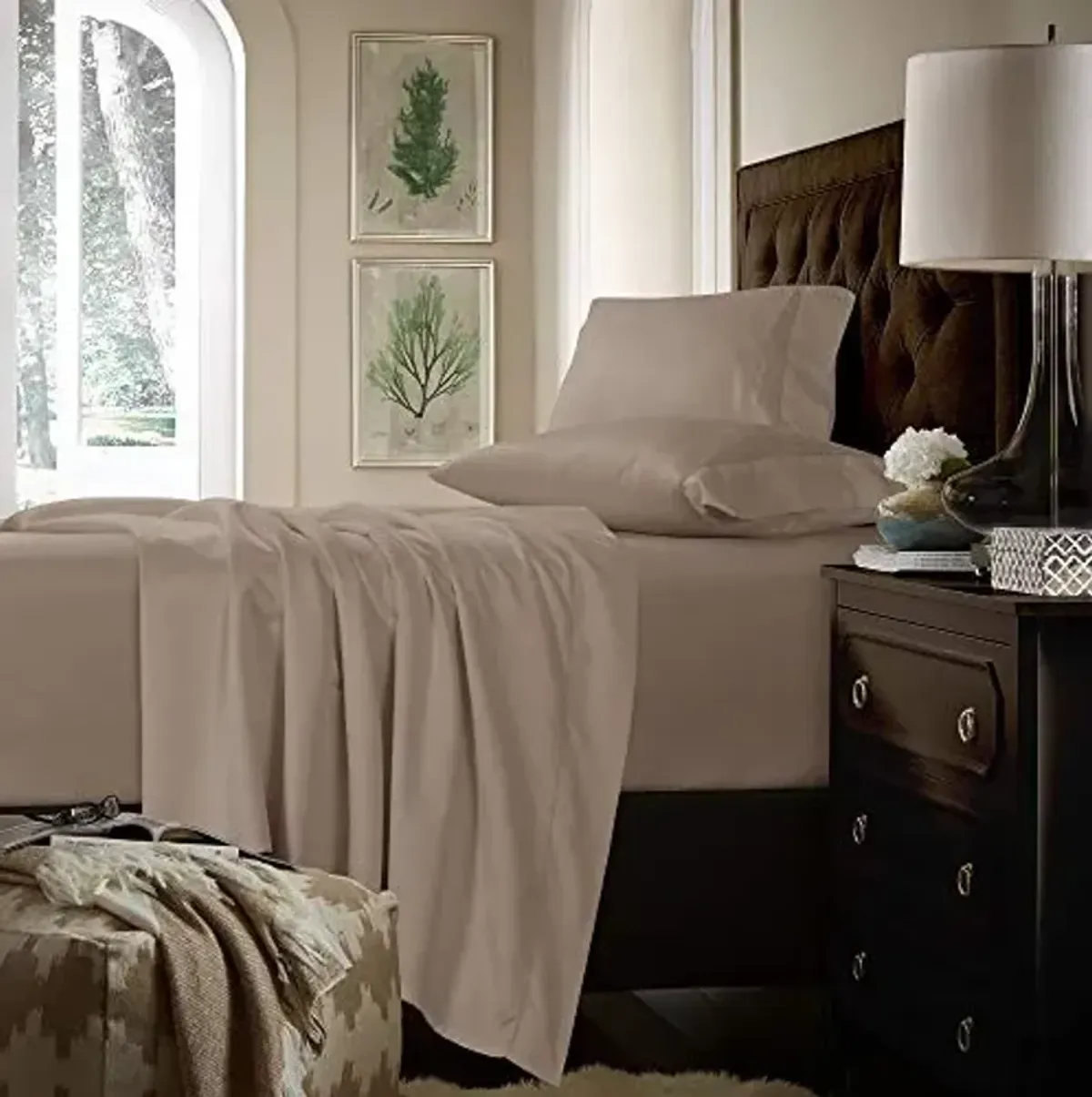 Tribeca Living Queen Bed Sheet Set, Soft Cotton Sateen Solid Sheets and Pillowcase Set, Extra Deep Pocket, 750 Thread Count, 4-Piece Luxury Bedding, Taupe