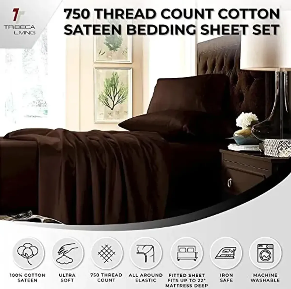 Tribeca Living Queen Bed Sheet Set, Soft Cotton Sateen Solid Sheets and Pillowcase Set, Extra Deep Pocket, 750 Thread Count, 4-Piece Luxury Bedding, Dusty Blue