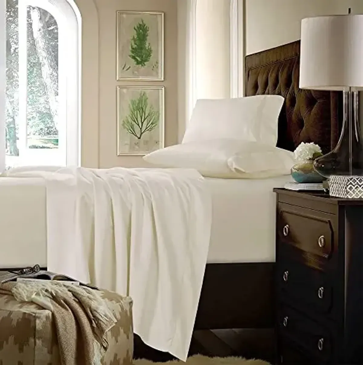 Tribeca Living Queen Bed Sheet Set, Soft Cotton Sateen Solid Sheets and Pillowcase Set, Extra Deep Pocket, 750 Thread Count, 4-Piece Luxury Bedding, Bone