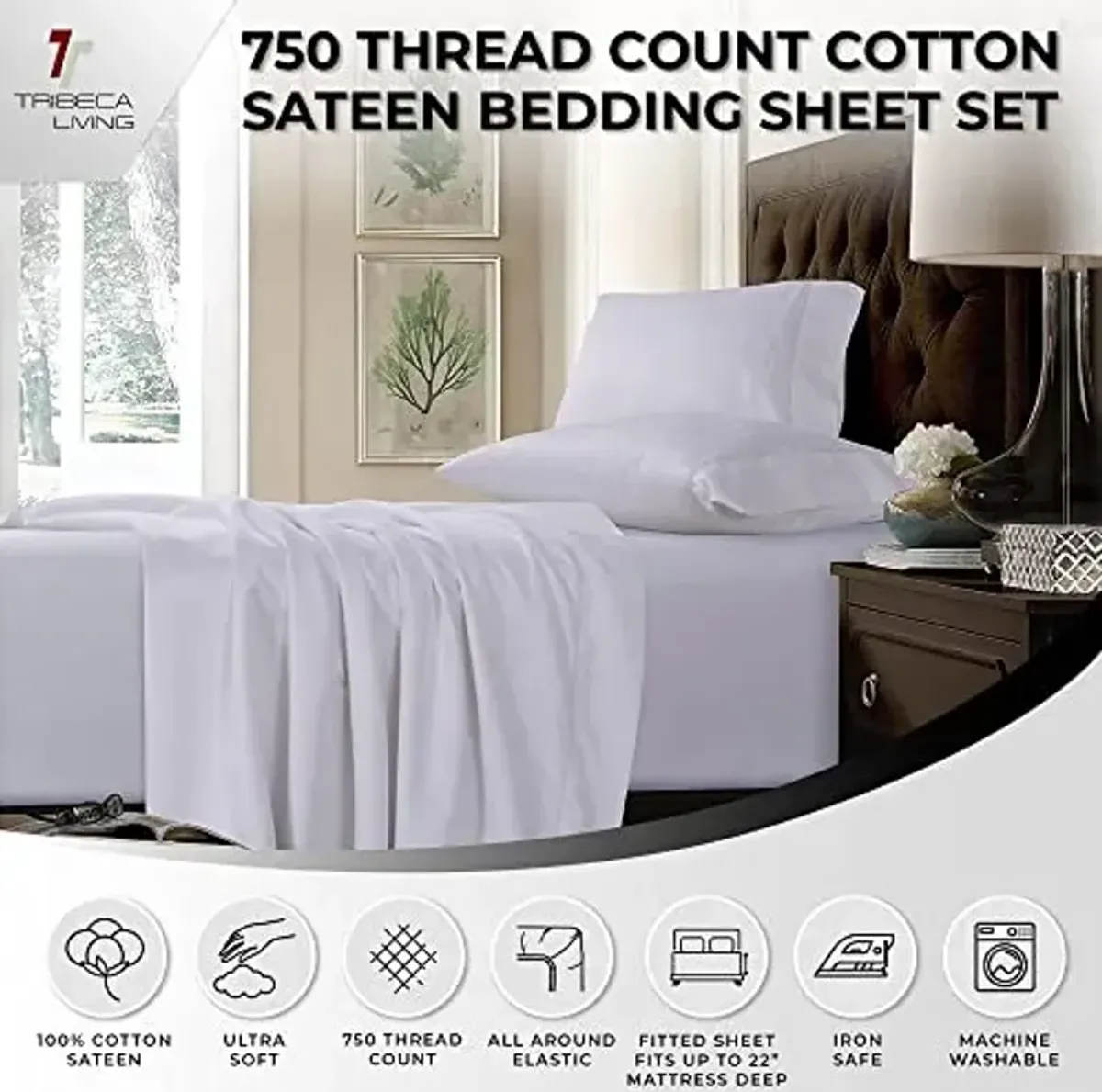 Tribeca Living King Bed Sheet Set, Soft Cotton Sateen Solid Sheets and Pillowcase Set, Extra Deep Pocket, 750 Thread Count, 4-Piece Luxury Bedding, White