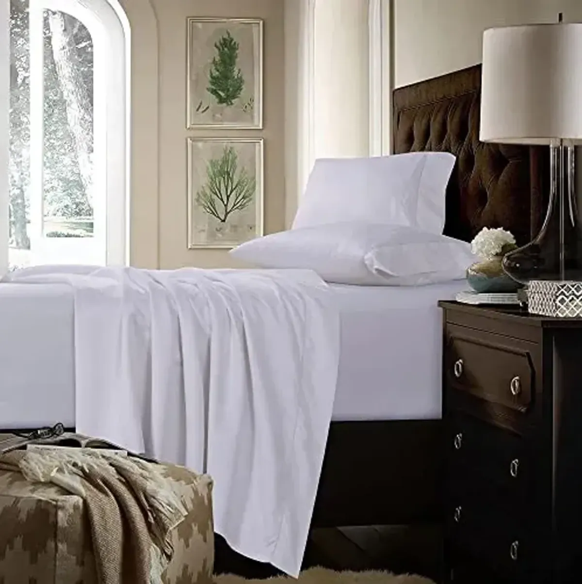 Tribeca Living King Bed Sheet Set, Soft Cotton Sateen Solid Sheets and Pillowcase Set, Extra Deep Pocket, 750 Thread Count, 4-Piece Luxury Bedding, White