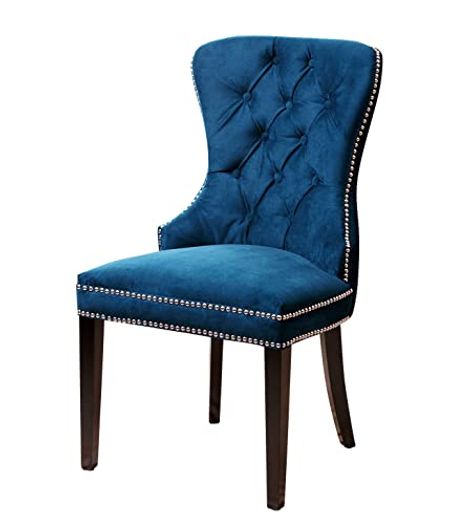 Abbyson Living Premium Velvet Upholstered Dining Chair with Button Tufted Door Knocher Ring Seat Back and Silver Nailhead Trim, Blue