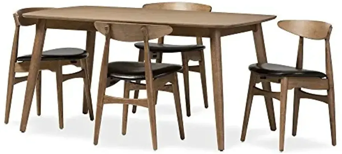 Baxton Studio Edna Dining Set Dining Set French Black Faux Leather and Oak Light Brown Finishing Wood 5-Peice Dining Set