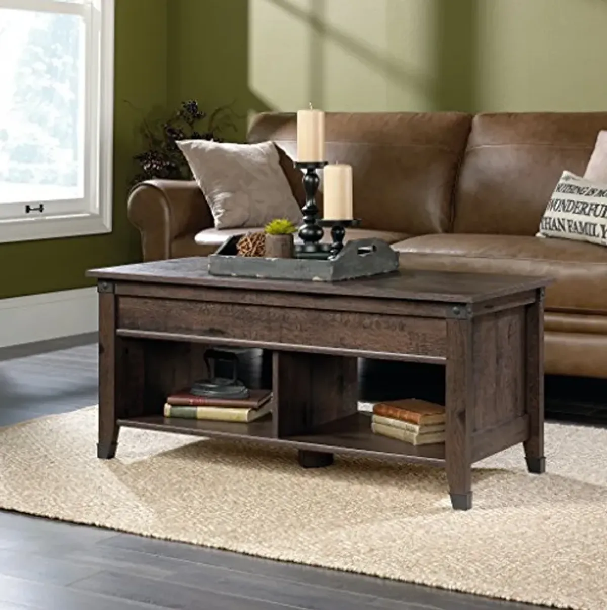 Sauder Carson Forge Rustic Lift Top Storage Industrial Living Room Table, L: 43.15" x W: 19.45" x H: 18.98, Coffee Oak