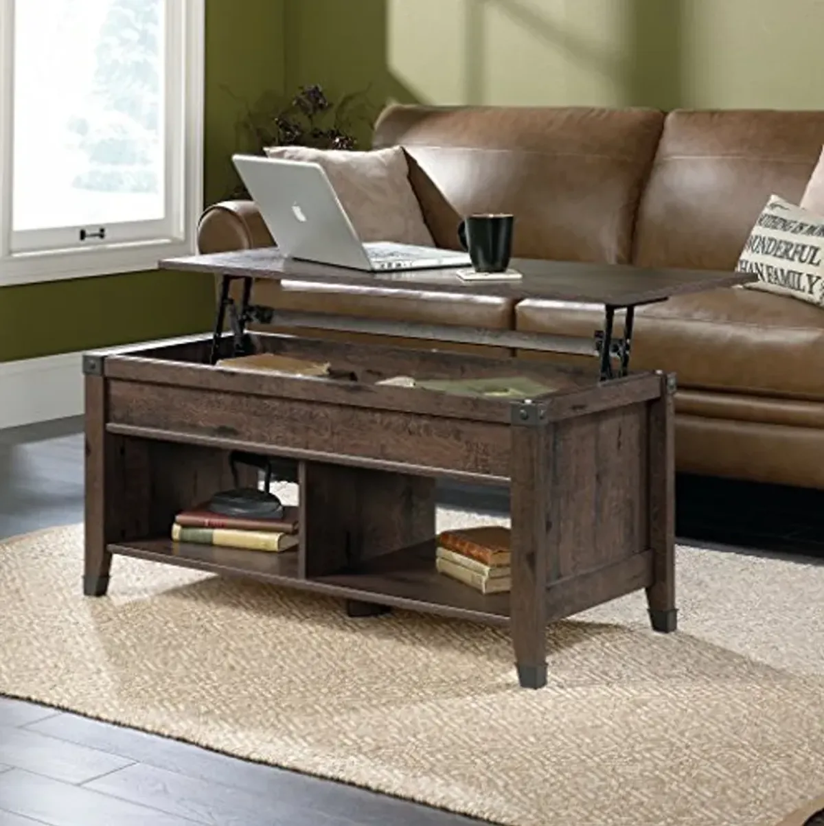 Sauder Carson Forge Rustic Lift Top Storage Industrial Living Room Table, L: 43.15" x W: 19.45" x H: 18.98, Coffee Oak