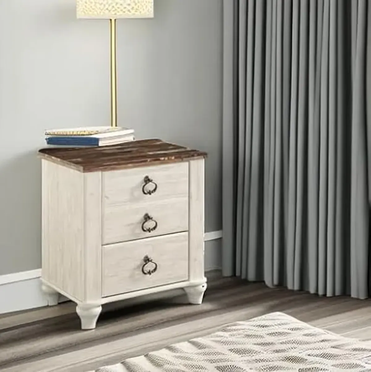 Signature Design by Ashley Willowton Farmhouse 2 Drawer Nightstand with USB Charging Ports, 25.67" Tall, Whitewash