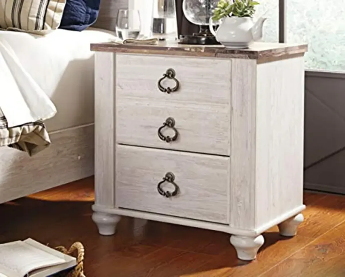 Signature Design by Ashley Willowton Farmhouse 2 Drawer Nightstand with USB Charging Ports, 25.67" Tall, Whitewash