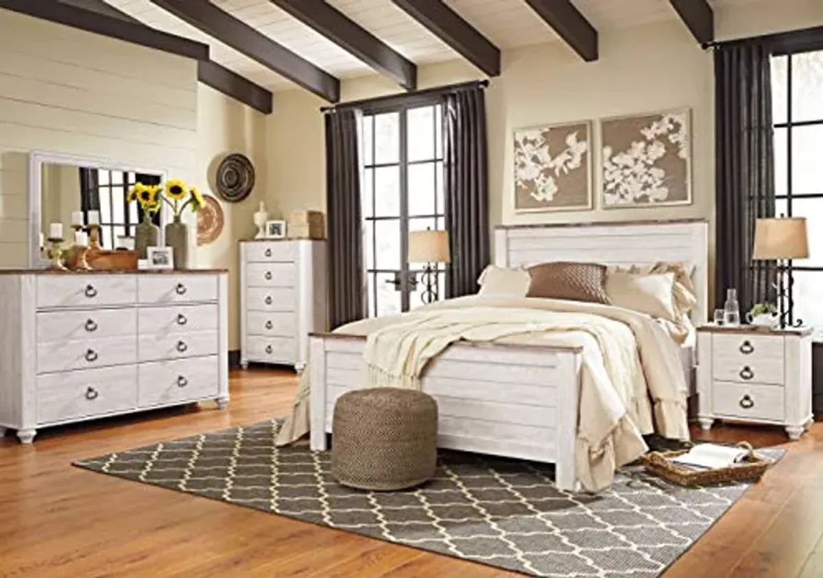 Signature Design by Ashley Willowton Farmhouse 2 Drawer Nightstand with USB Charging Ports, 25.67" Tall, Whitewash