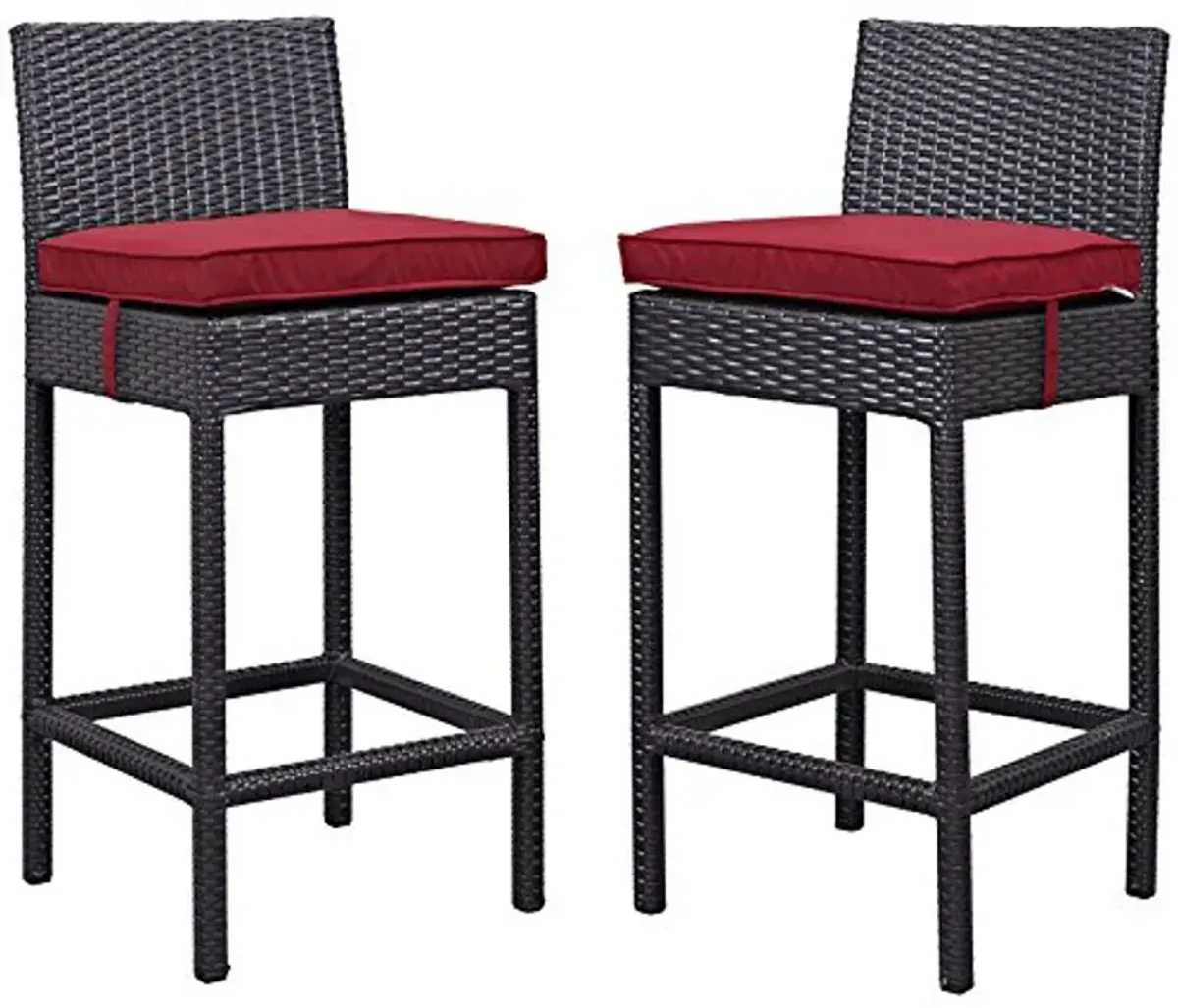 Modway Lift Wicker Rattan Outdoor Patio Two Bar Stools with Cushions in Espresso Red