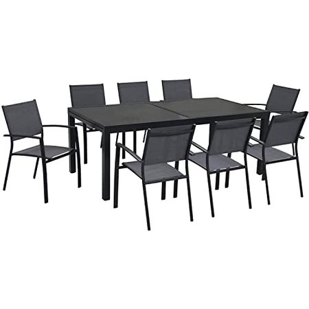 Hanover Grey Cambridge Nova 9-Piece Dining Set with Extra Large Expandable Table | 8 Sling-Back Stackable Chairs | Modern Outdoor Furniture | Premium Weather-Resistant Aluminum Frames