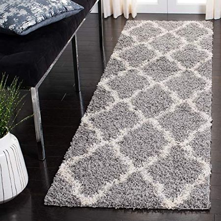 SAFAVIEH Dallas Shag Collection 2'3" x 6' Grey/Ivory SGD257G Trellis Non-Shedding Living Room Bedroom Dining Room Entryway Plush 1.5-inch Thick Runner Rug