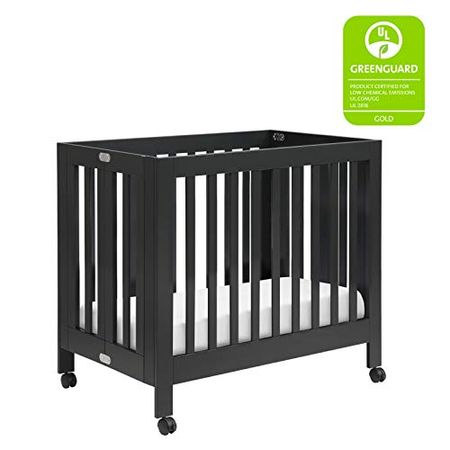 Babyletto Origami Mini Portable Folding Crib with Wheels in Black, 2 Adjustable Mattress Positions, Greenguard Gold Certified