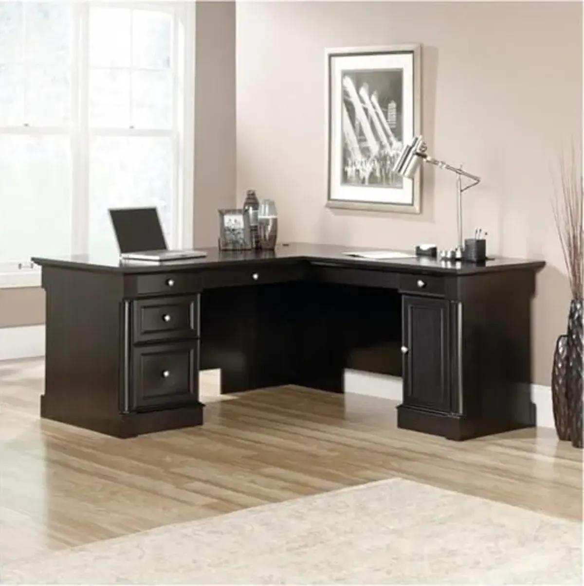 Sauder Bleeker Street L-Desk, Obsidian Oak finish