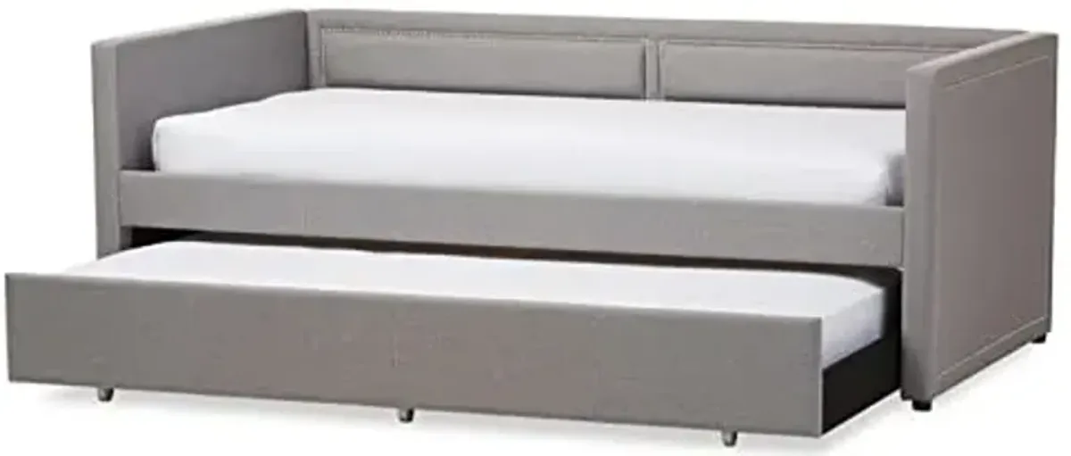 Baxton Studio Raymond Modern and Contemporary Grey Fabric Nail Heads Trimmed Sofa Twin Daybed with Roll-Out Trundle Guest Bed