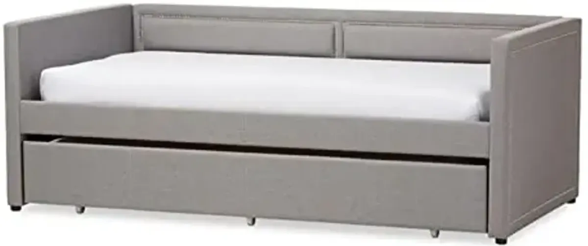 Baxton Studio Raymond Modern and Contemporary Grey Fabric Nail Heads Trimmed Sofa Twin Daybed with Roll-Out Trundle Guest Bed