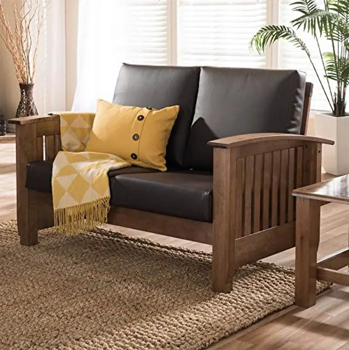 Baxton Studio Charlotte Modern Classic Mission Style Walnut Brown Wood and Dark Brown Faux Leather 2-Seater Loveseat