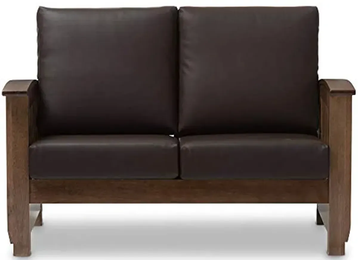 Baxton Studio Charlotte Modern Classic Mission Style Walnut Brown Wood and Dark Brown Faux Leather 2-Seater Loveseat