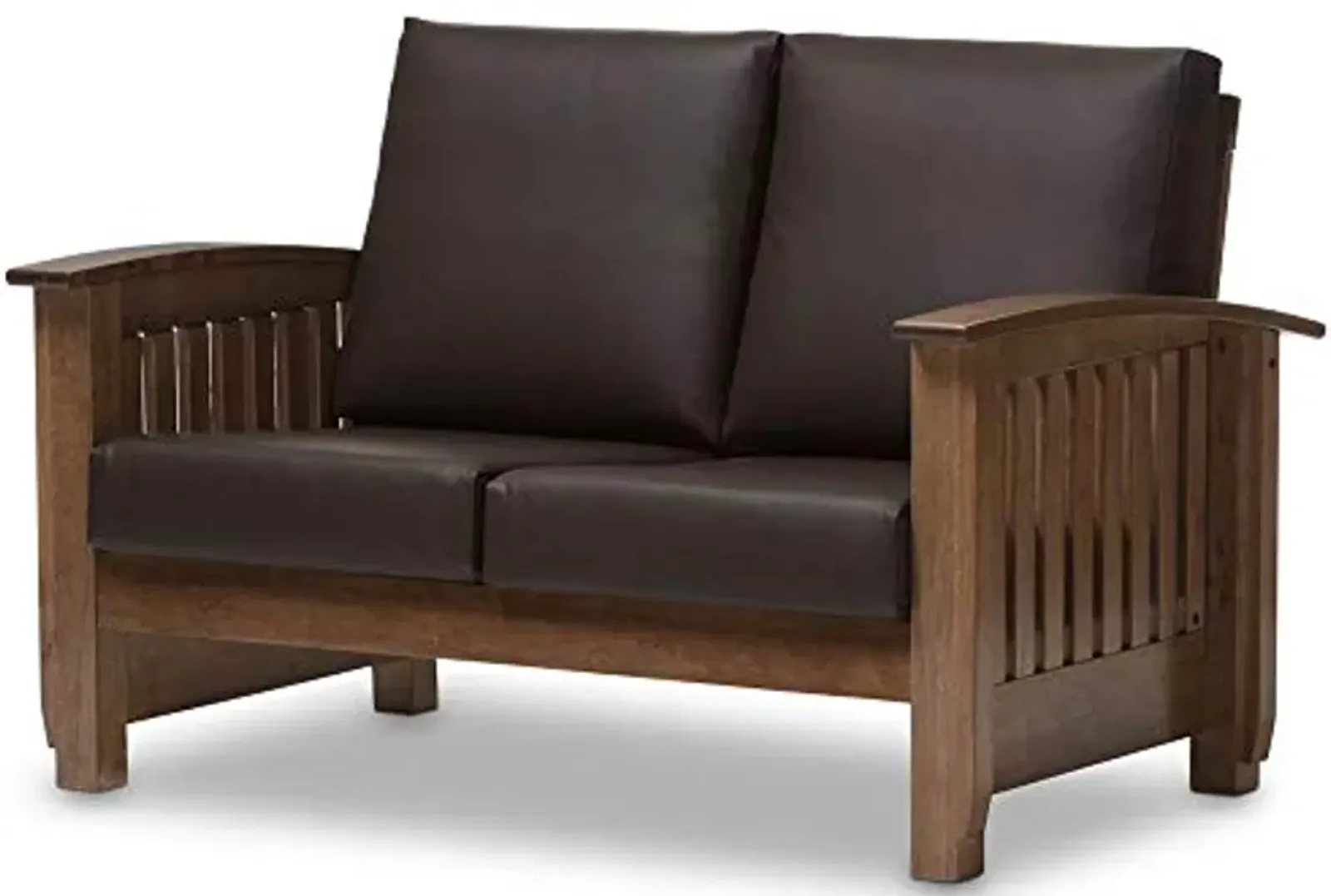 Baxton Studio Charlotte Modern Classic Mission Style Walnut Brown Wood and Dark Brown Faux Leather 2-Seater Loveseat