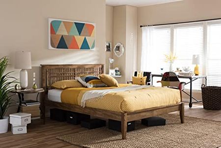 Baxton Studio Loafey Mid-Century Modern Solid Walnut Wood Window-Pane Style Full Size Platform Bed