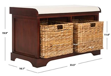 SAFAVIEH Home Collection Freddy Cherry / Wicker Basket 2-Drawer Storage Bench with Cushion (Fully Assembled)