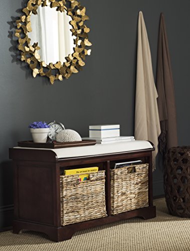 SAFAVIEH Home Collection Freddy Cherry / Wicker Basket 2-Drawer Storage Bench with Cushion (Fully Assembled)