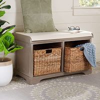 SAFAVIEH Home Collection Freddy White Wash/ Wicker Basket 2-Drawer Storage Bench with Cushion (Fully Assembled)