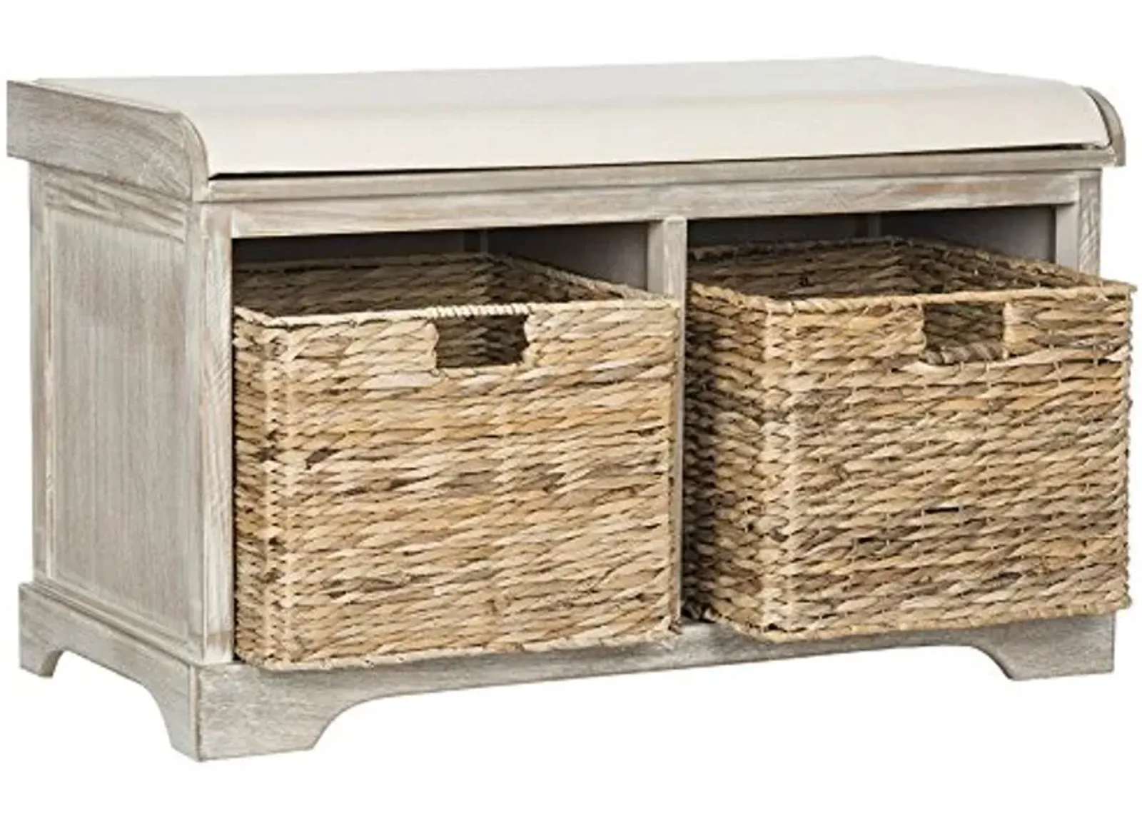 SAFAVIEH Home Collection Freddy White Wash/ Wicker Basket 2-Drawer Storage Bench with Cushion (Fully Assembled)