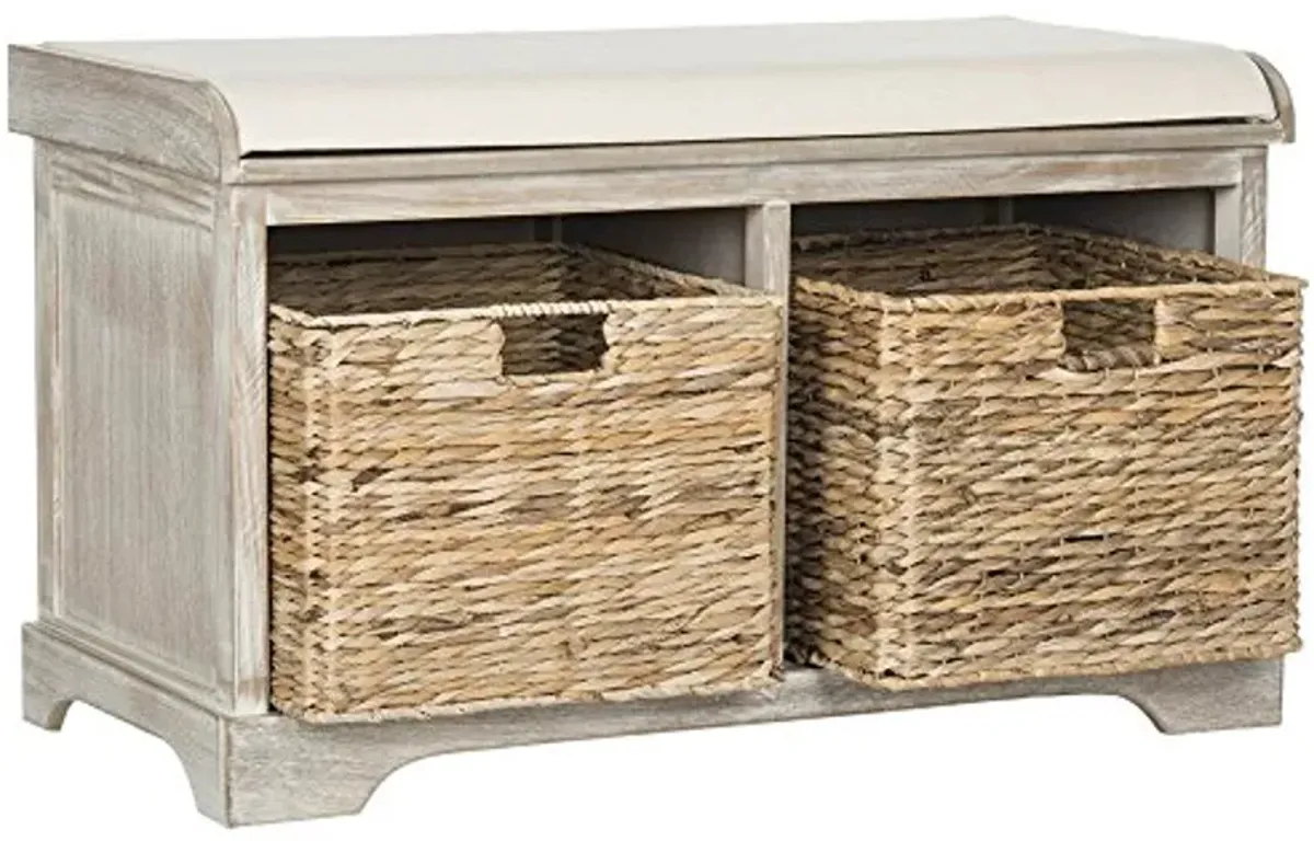 SAFAVIEH Home Collection Freddy White Wash/ Wicker Basket 2-Drawer Storage Bench with Cushion (Fully Assembled)