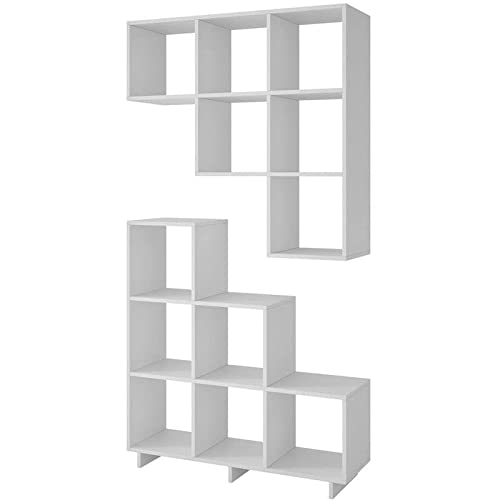 Manhattan Comfort Cascavel Stair Cubbies Collection 6 Storage Cube Shelves in Stair Shape Includes Brackets for Wall Placement, Set of 2, White