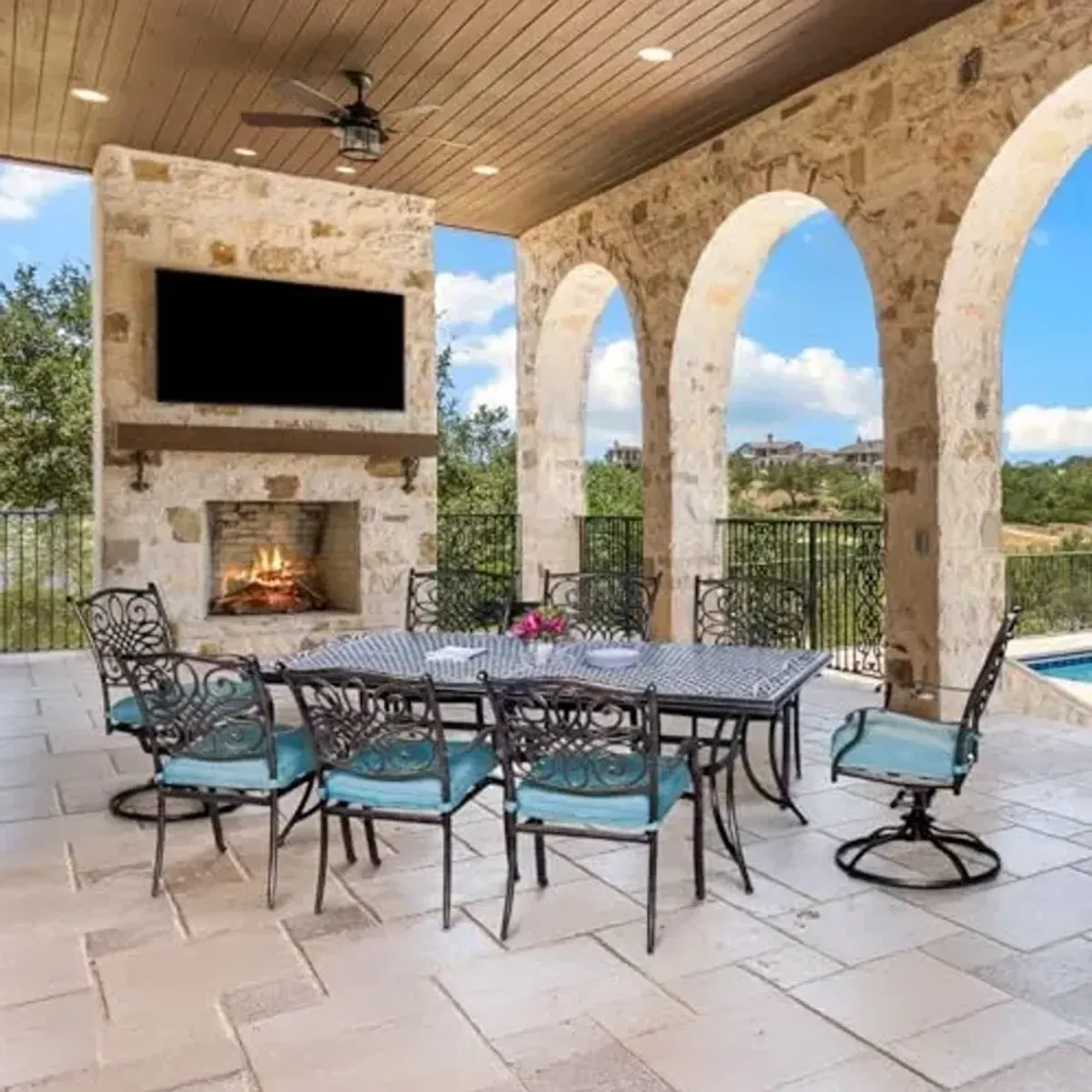 Hanover Traditions 9-Piece Outdoor Dining Set with Blue Cushions, 6 Dining Chairs, 2 Swivel Rockers and Aluminum Rectangular Dining Table, Rust-Resistant Aluminum Patio Dining Set for 8