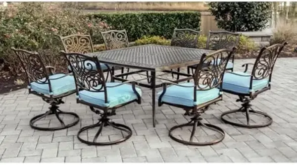 Hanover Traditions 9-Piece Rust Resistant Aluminum Outdoor Patio Dining Set with Blue Cushions, Swivel Rockers and Aluminum Square Dining Table, Outdoor Dining Set For 8