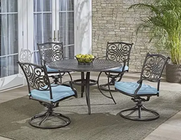 Hanover Traditions 5-Piece Rust Resistant Aluminum Patio Dining Set with Blue Cushions, Swivel Rockers and Aluminum Round Dining Table, Outdoor Dining Set for 4
