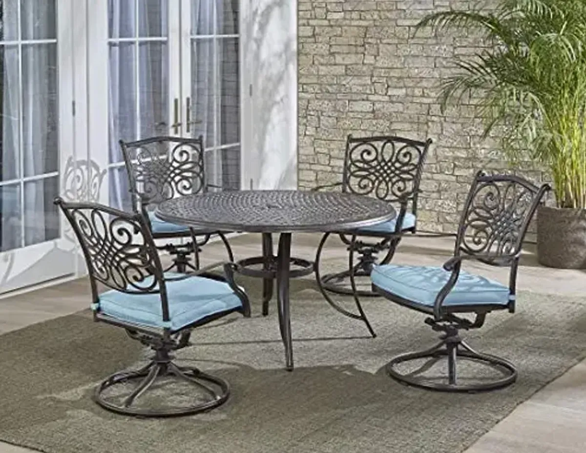 Hanover Traditions 5-Piece Rust Resistant Aluminum Patio Dining Set with Blue Cushions, Swivel Rockers and Aluminum Round Dining Table, Outdoor Dining Set for 4