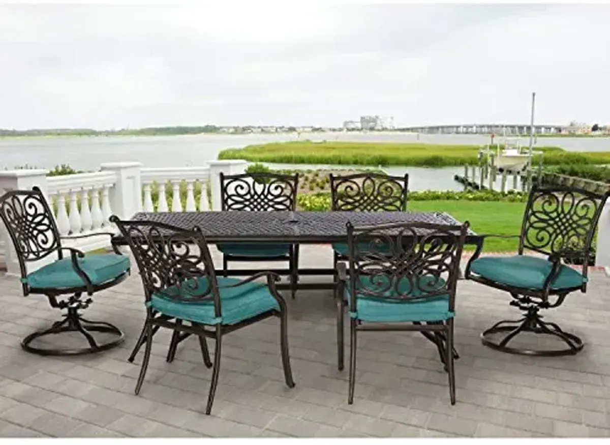 Hanover Traditions 7-Piece Outdoor Dining Set with Rust-Resistant Aluminum Dining Table, 4 Elegant Dining Chairs and 2 Swivel Rockers with Blue Cushions, Patio Dining Set for 6