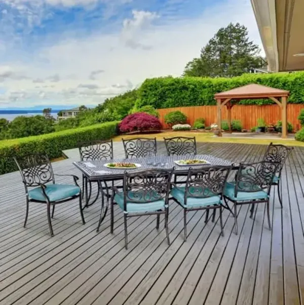 Hanover Traditions 9-Piece Outdoor Dining Set, Rust-Resistant Aluminum Outdoor Patio Dining Set for 8 with Blue Cushions, Dining Chairs and Aluminum Rectangular Dining Table