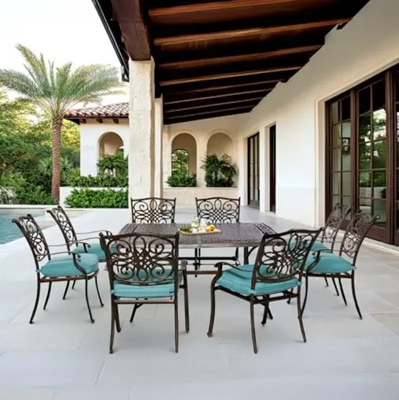 Hanover Traditions 9-Piece Patio Dining Set with 60" Square Cast-Top Dining Table and 8 Chairs with Blue Cushions, Modern All Weather Outdoor Dining Set with Rust-Resistant Aluminum Frames