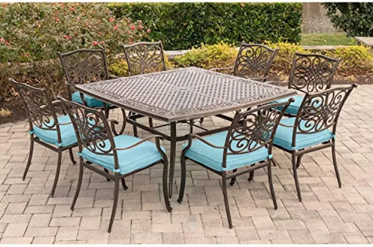 Hanover Traditions 9-Piece Patio Dining Set with 60" Square Cast-Top Dining Table and 8 Chairs with Blue Cushions, Modern All Weather Outdoor Dining Set with Rust-Resistant Aluminum Frames